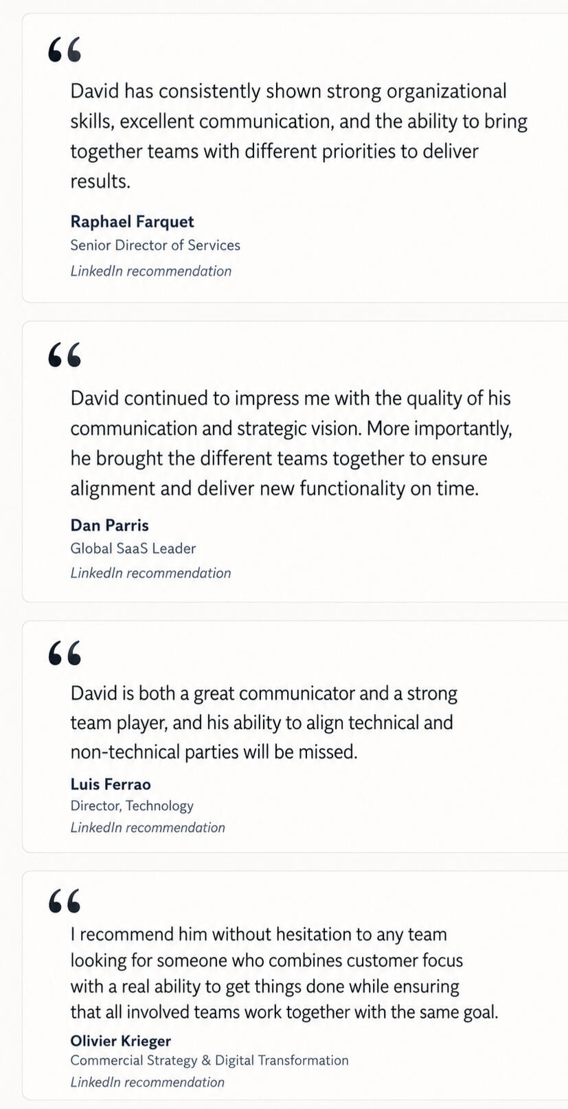 Extracts from professional recommendations by former managers